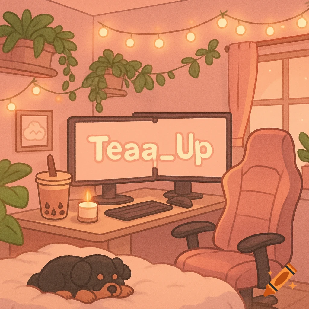 A cozy cartoon streaming room with a computer screen displaying "Teaa_Up", plants, string lights, and a sleeping dog on a bed.