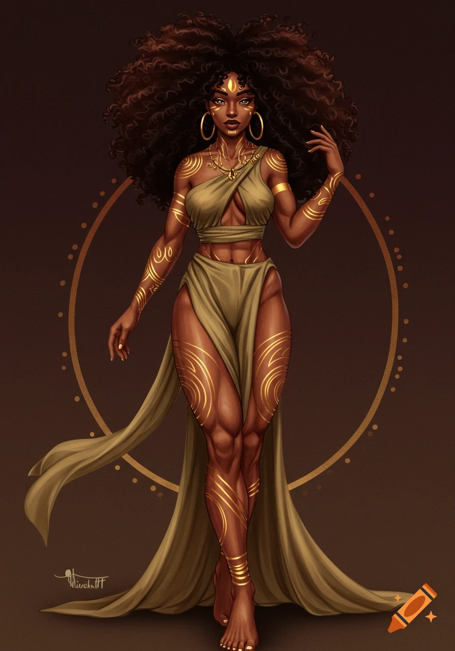 A fantasy woman with large afro hair, gold body tattoos, and a flowy dress, showing muscles