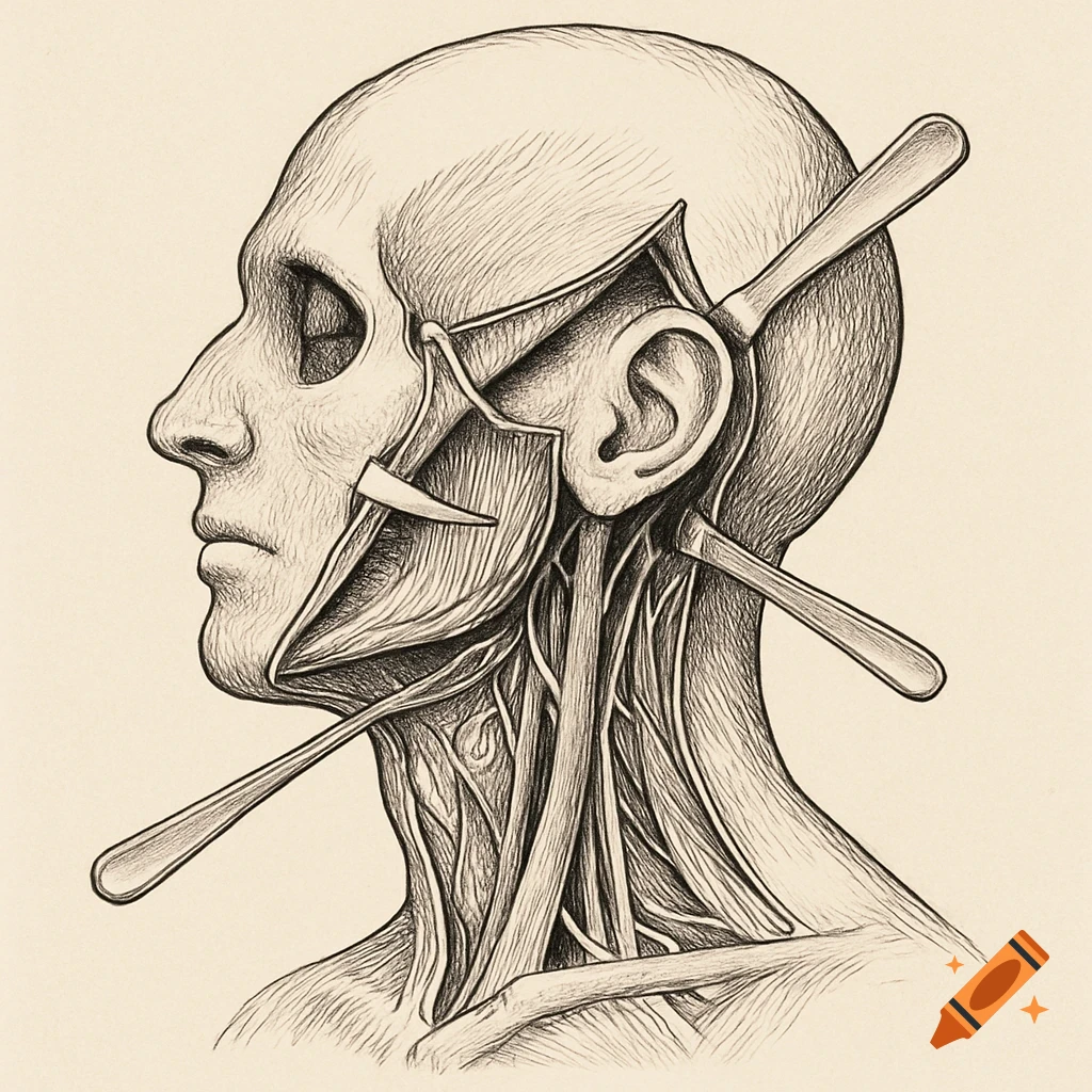 Anatomy sketch of human head and neck dissection with surgical tools.