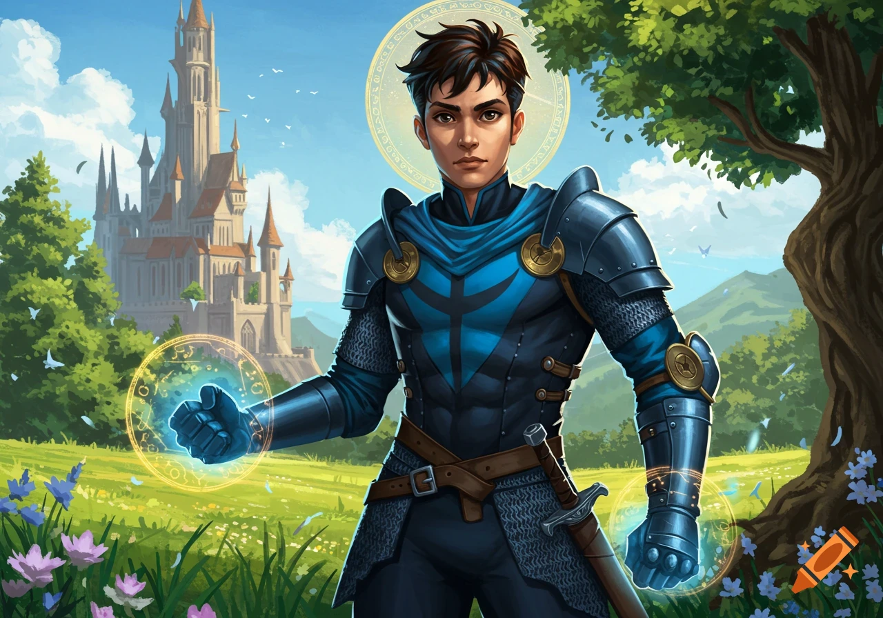 Young person in blue armor with glowing magic in a medieval fantasy landscape with a castle and flowers.