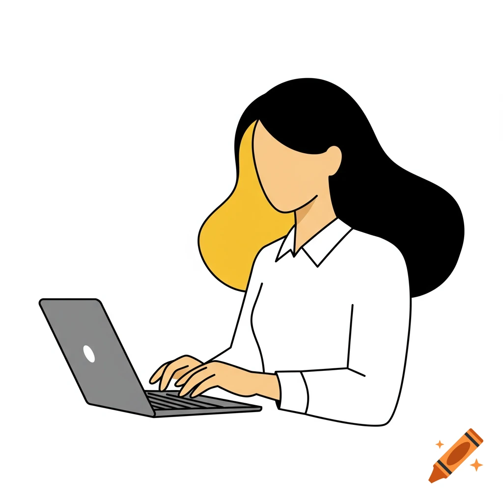 Simple flat illustration of a woman working on a laptop.