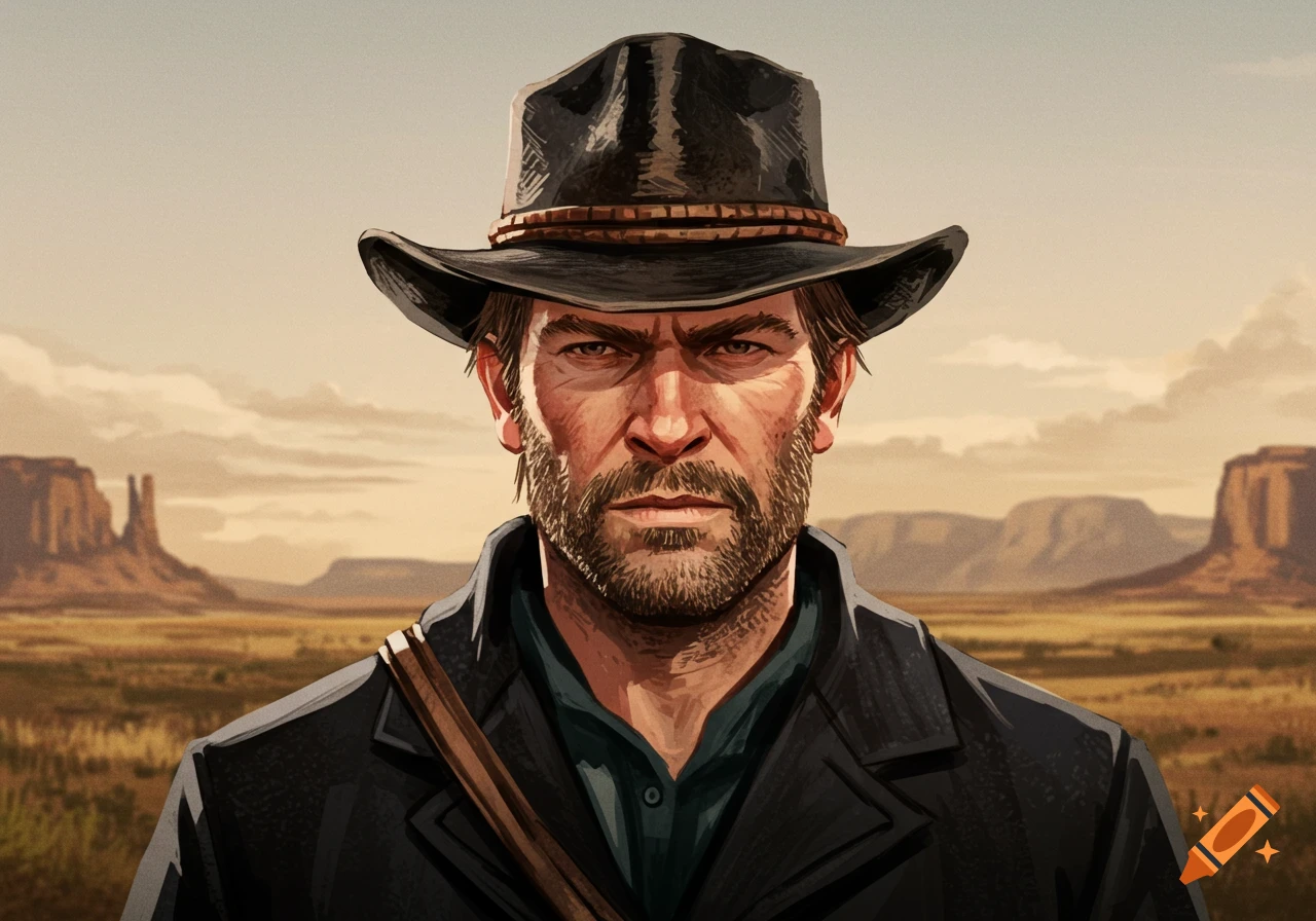 A portrait of a man in a cowboy hat and coat in a desert landscape.