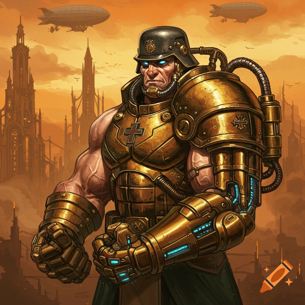 A steampunk soldier in gold armor with massive biceps stands before a city with airships.