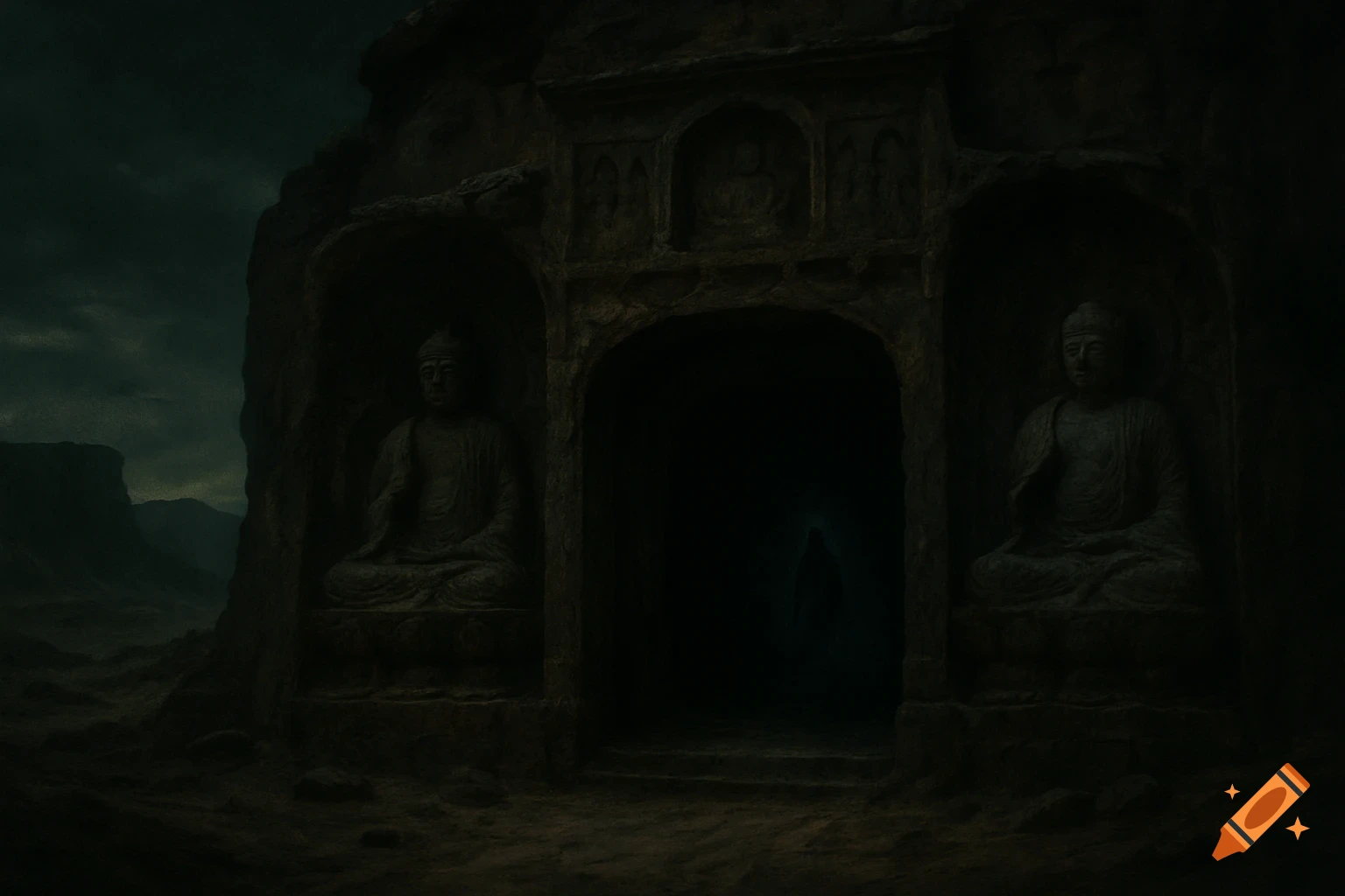 Dark, ancient cave entrance with Buddhist statues and a faint shadowy figure in the back.