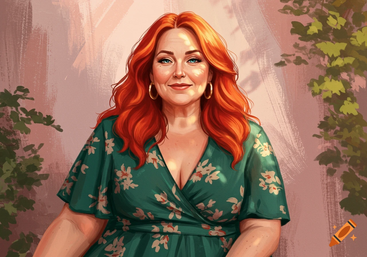 Portrait of an older curvy woman with red hair in a green floral dress.
