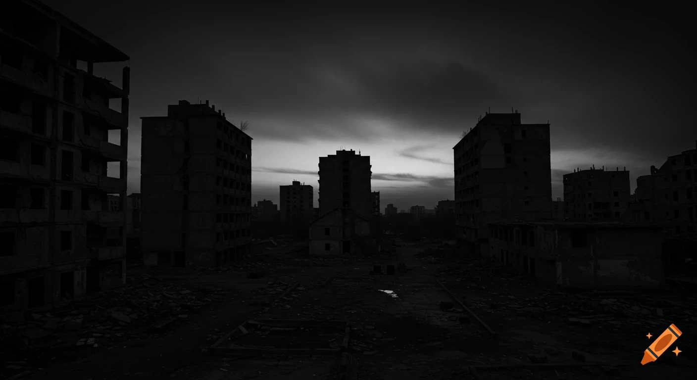 A dark, black and white view of a ruined city skyline with derelict buildings under a cloudy sky.