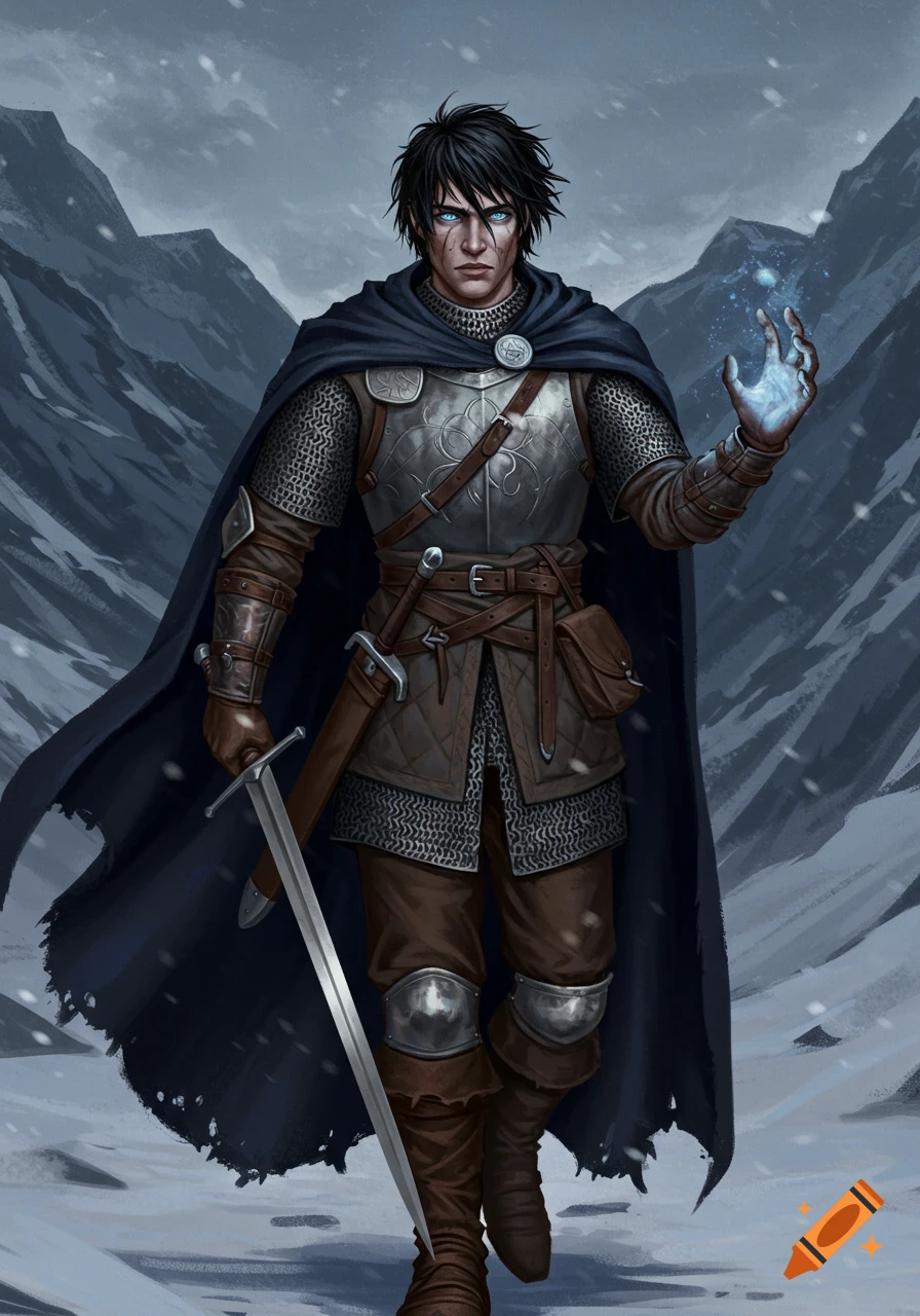 A fantasy warrior in armor and cloak, holding a sword and casting a spell in a snowy mountain pass.