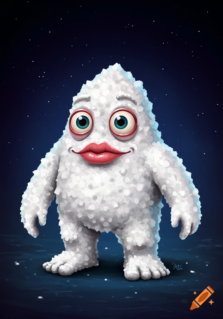A salt monster with big eyes and lips under a starry sky.