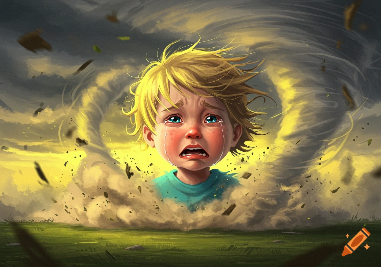 A crying child is depicted amidst a powerful tornado and debris under a stormy sky.