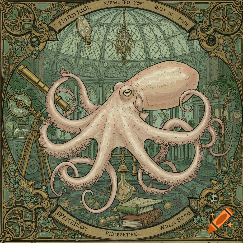 A pink octopus in a Victorian greenhouse with a telescope.