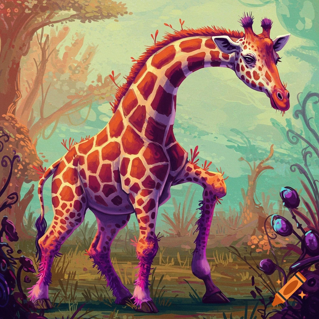 A slightly distorted giraffe standing in a fantasy forest.