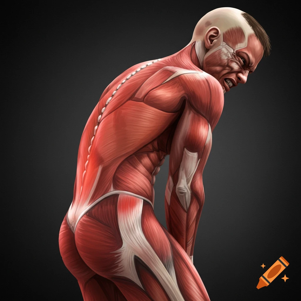 Digital illustration of human anatomy showing muscles and bones with red highlights on areas of pain.
