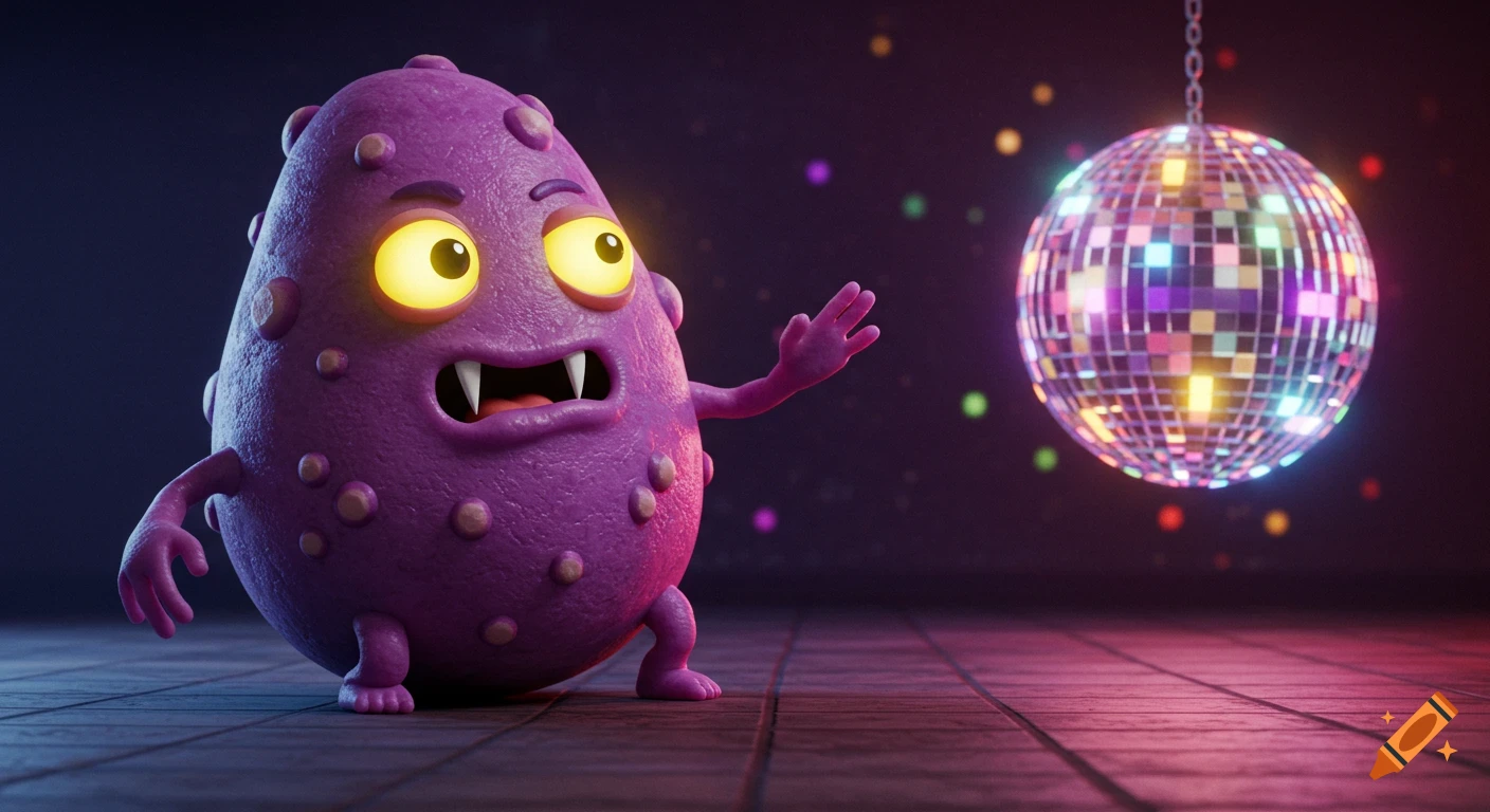 A purple cartoon monster with fangs dances near a disco ball in a dark room.