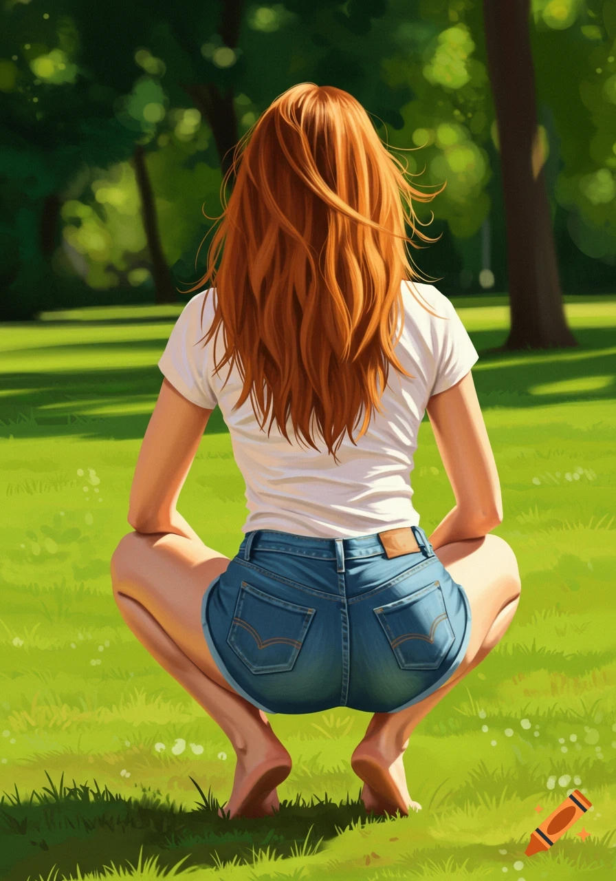 A woman with red hair squats in the grass, viewed from behind.