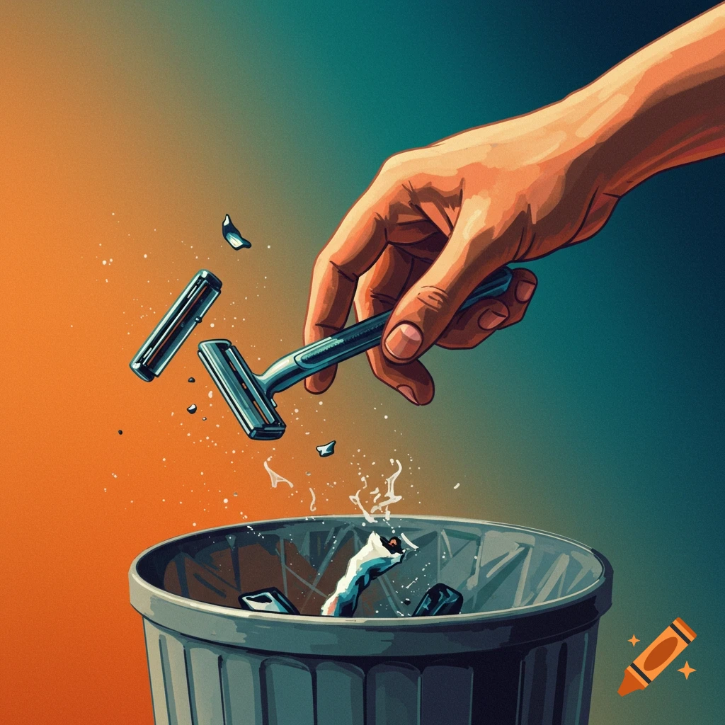 A hand throwing a razor into a trash can.