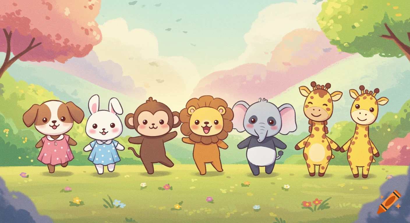 Seven cute cartoon animals (dog, bunny, monkey, lion, elephant, giraffes) in a pastel landscape.