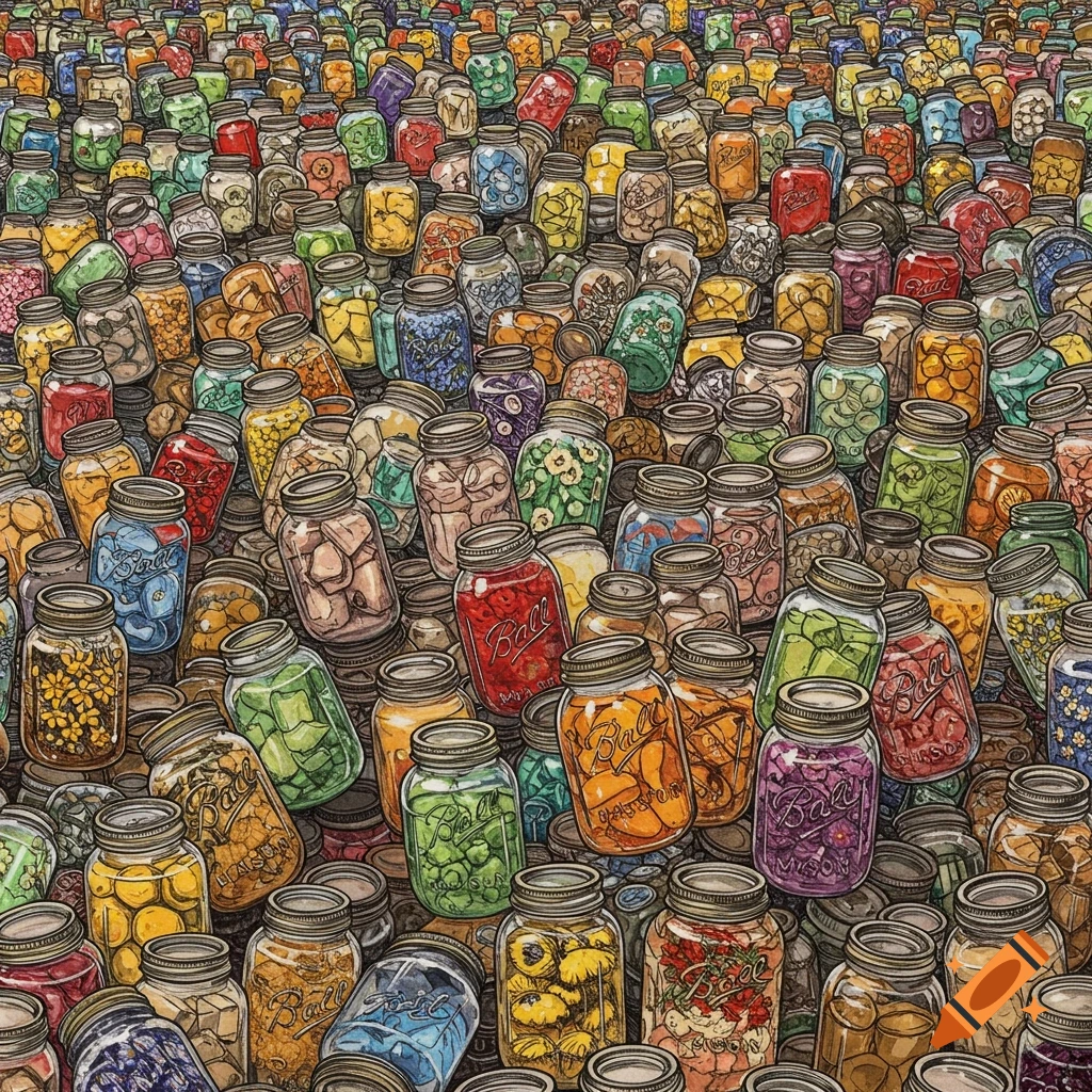 A detailed image showing a vast collection of colorful mason jars filled with various items.