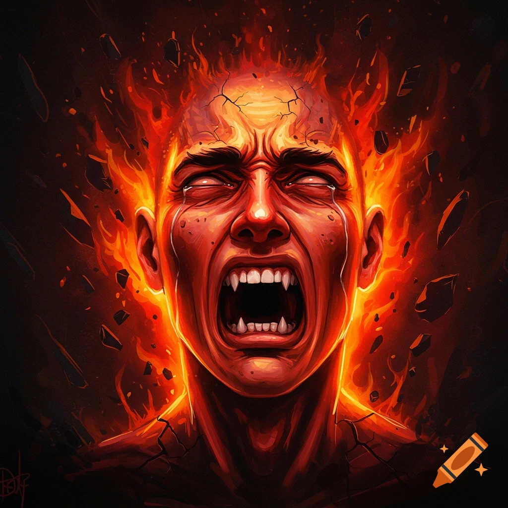 A person screams in agony, with fire around their head and cracking skin.