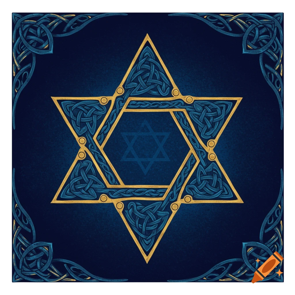 A Star of David formed by blue and gold Celtic knotwork on a dark blue background.