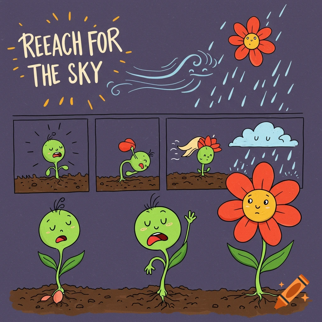 Cartoon panels show a seed growing into a flower with the caption 'REEACH FOR THE SKY'