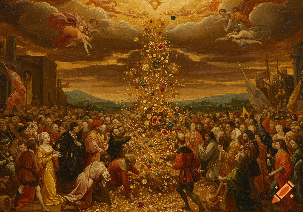 A Renaissance style painting depicts a large crowd below gold coins and jewels pouring from the sky, with figures in the clouds.