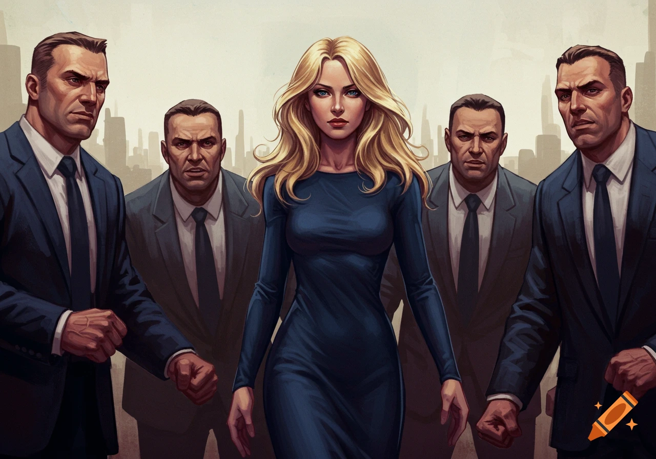 A blonde woman in a blue dress walking with four men in suits and ties against a city skyline.