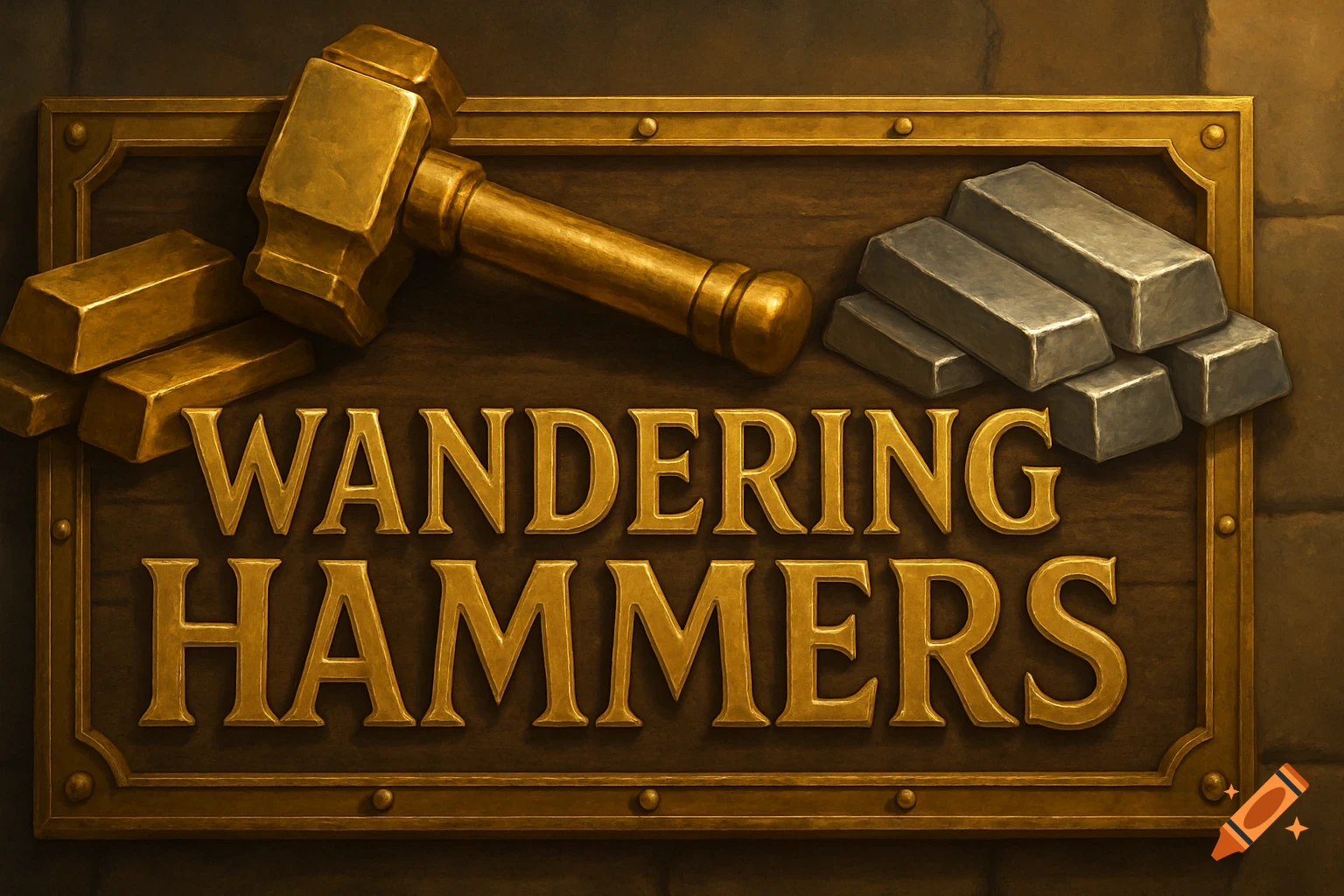 A medieval store banner with a hammer, gold bars, silver bars, and the text 'WANDERING HAMMERS'.