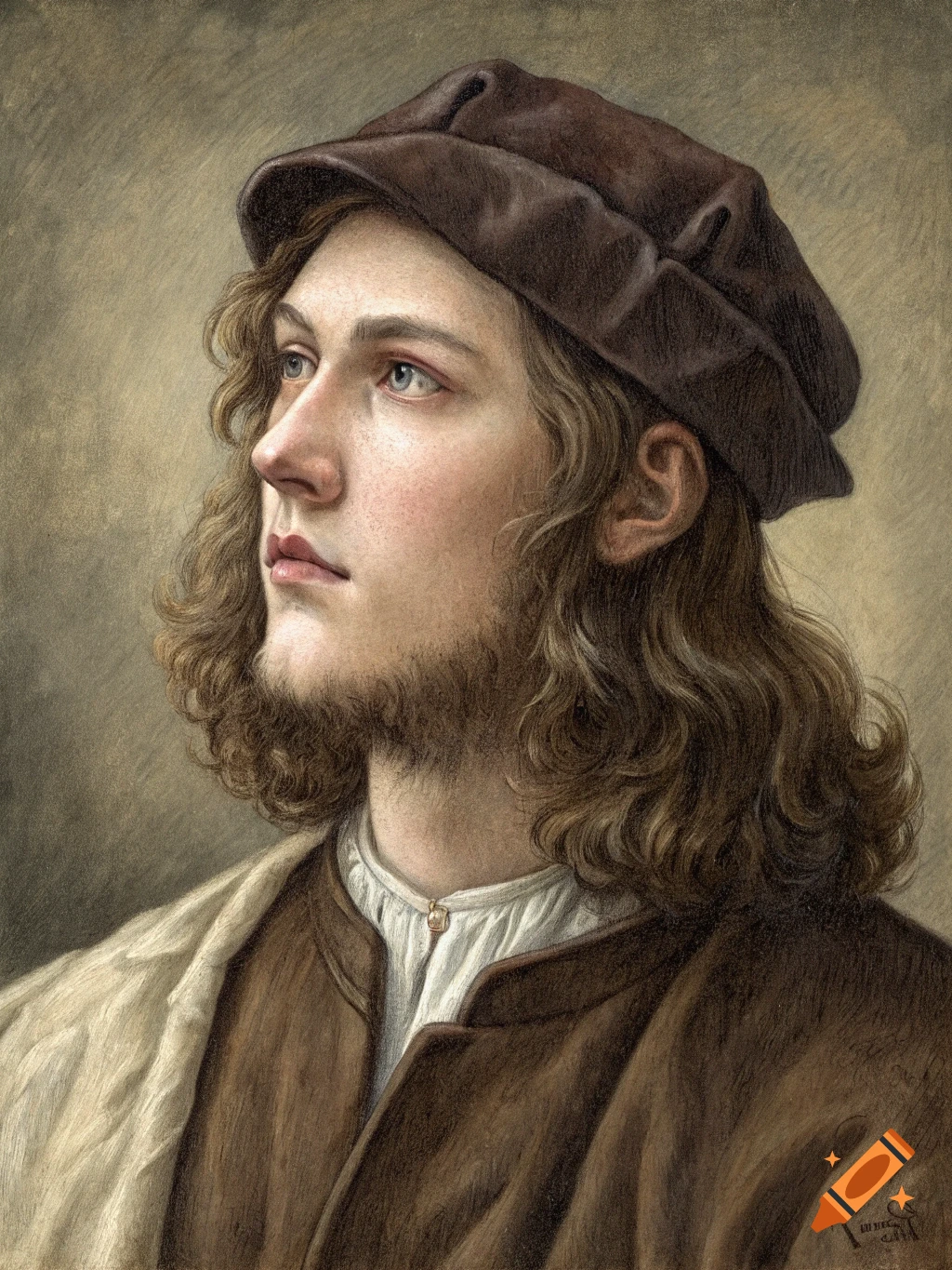 Portrait of a young man in historical clothing, painted in the style of Leonardo da Vinci.