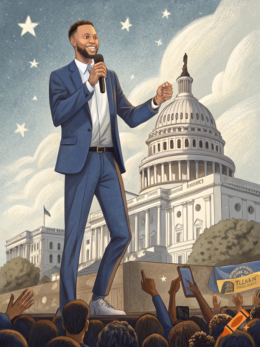 Illustration of a man speaking at a rally in front of the US Capitol building.