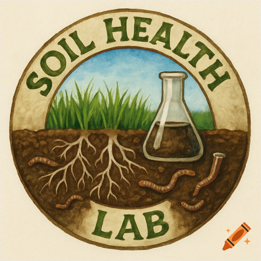 Circular logo with soil, roots, grass, earthworms, beaker, and text 'SOIL HEALTH LAB'