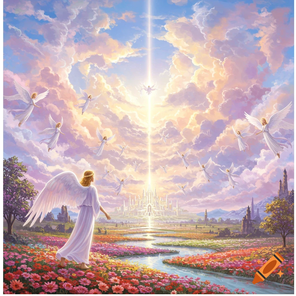 An angel in a flower field looking at a glowing heavenly city, with angels flying in the sky.