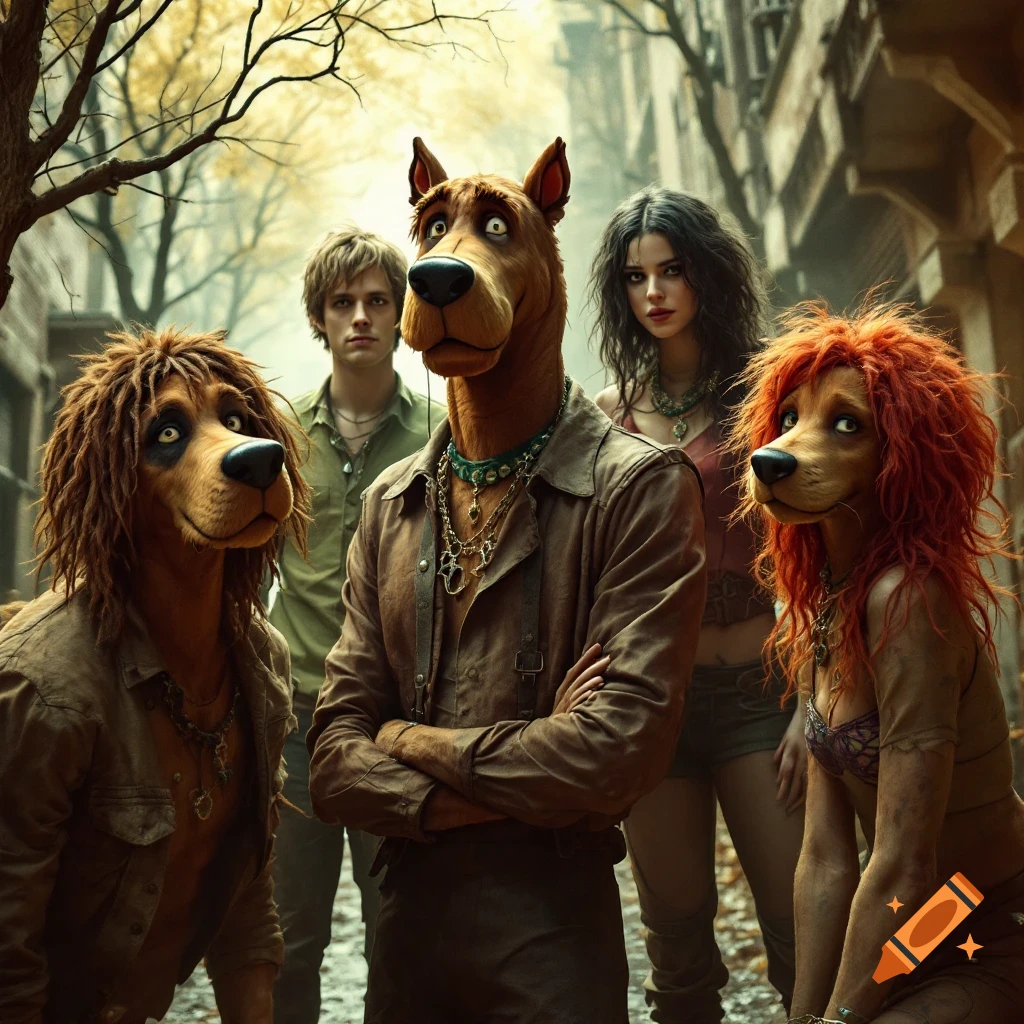 Anthropomorphic Scooby-Doo characters and humanoids in grunge clothing stand in a street, photorealistic style.