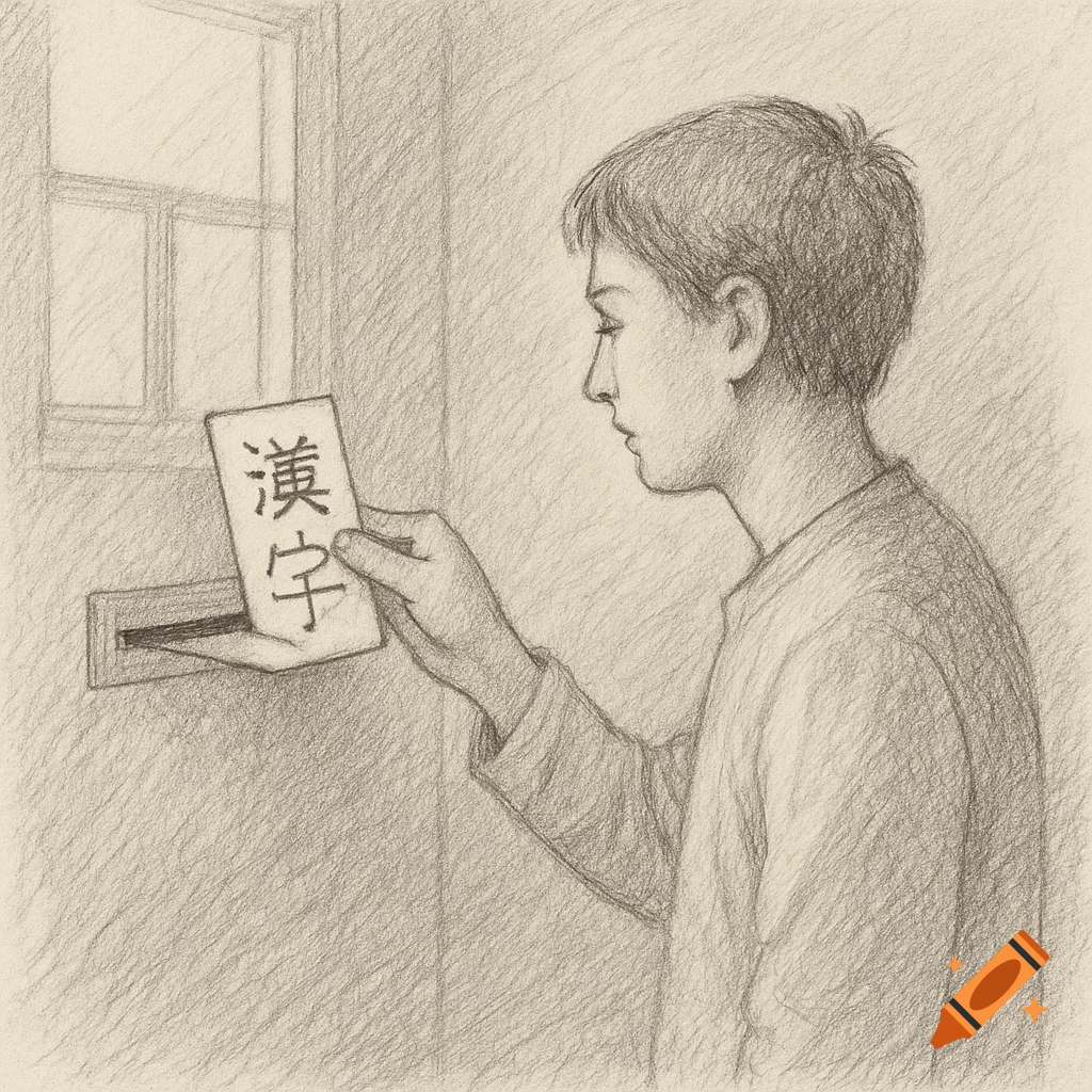 Pencil drawing of a person receiving a card with Chinese characters through a mail slot.