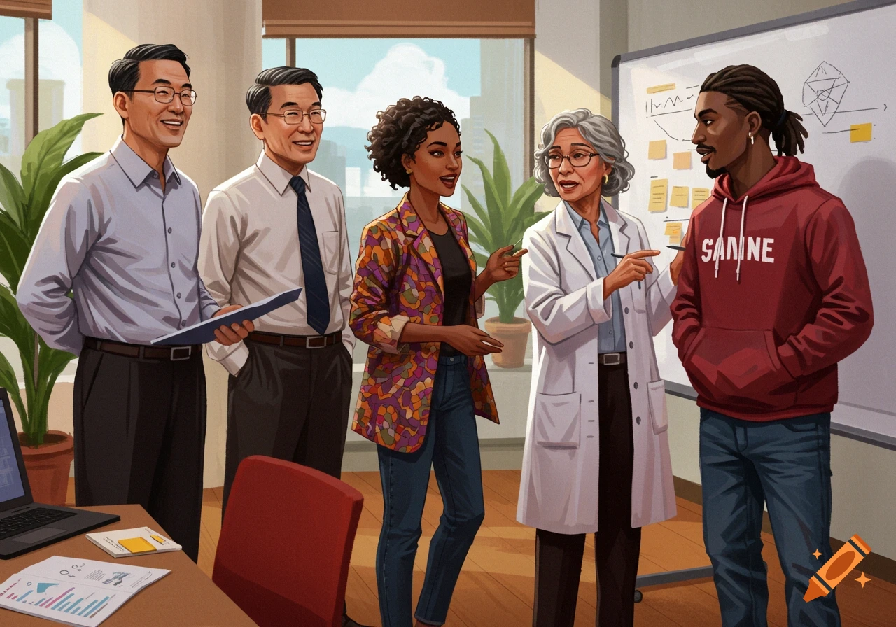 A diverse multidisciplinary team in an office setting.