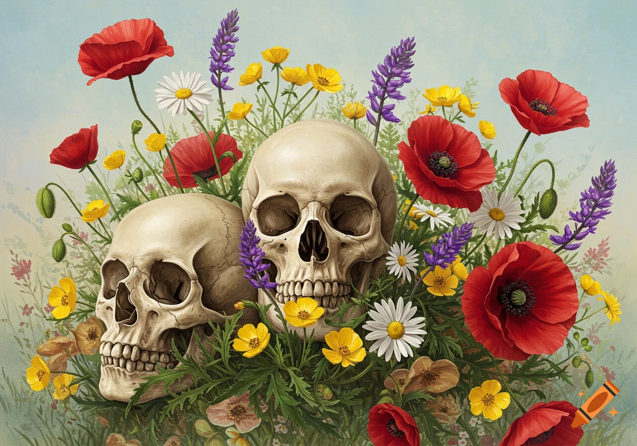 Two skulls resting among red poppies, white daisies, and yellow wildflowers in a painted style.