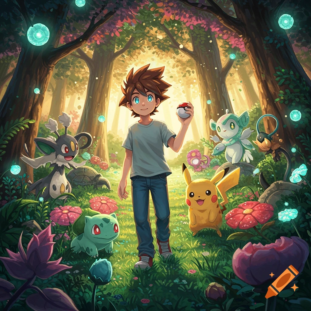 Anime illustration of a boy with Pikachu, Bulbasaur, and other Pokémon in a vibrant, glowing fantasy forest.