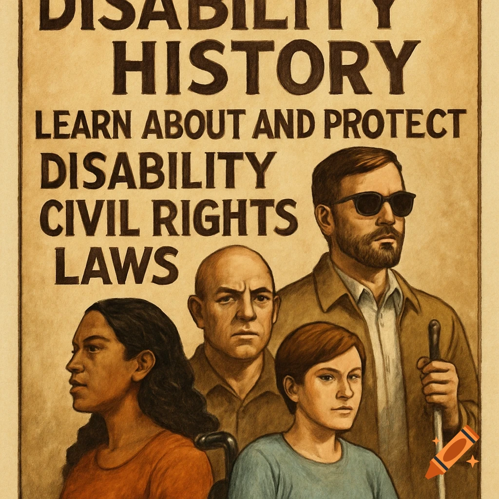 Illustration of a poster about Disability History with portraits of four people with disabilities.