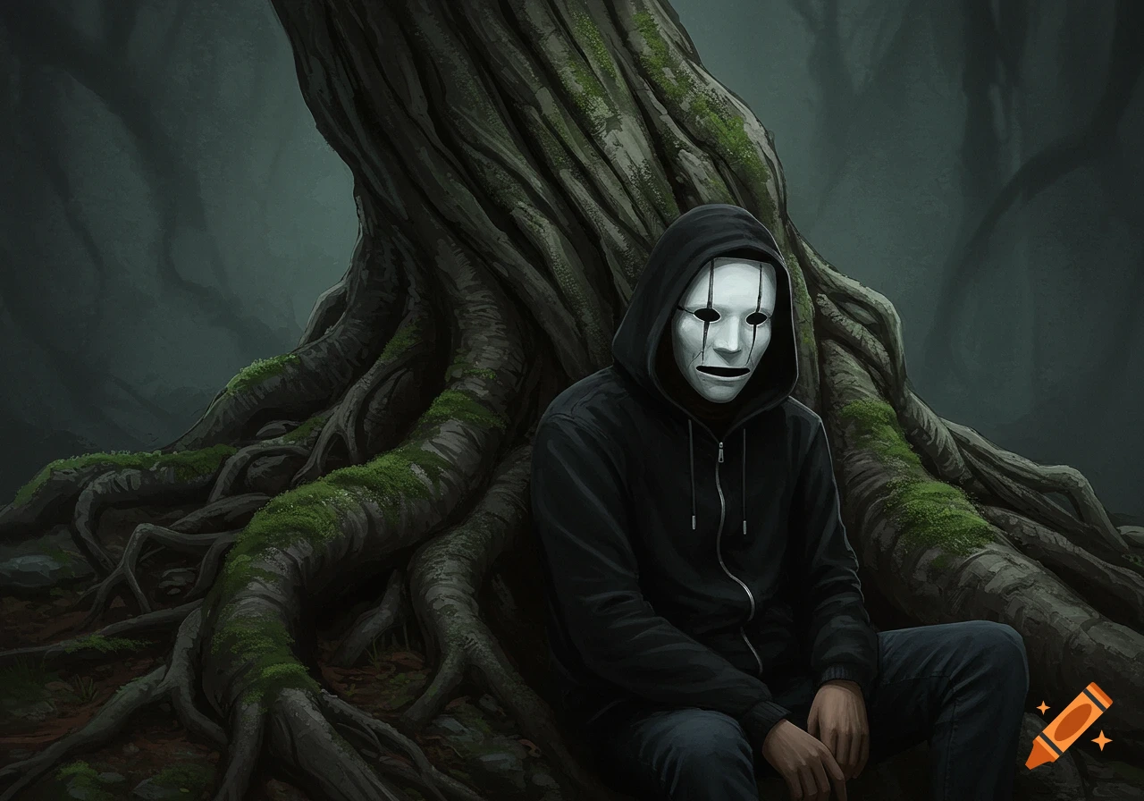 Person in a white mask and black hoodie sitting by the large roots of a tree in a dark forest.