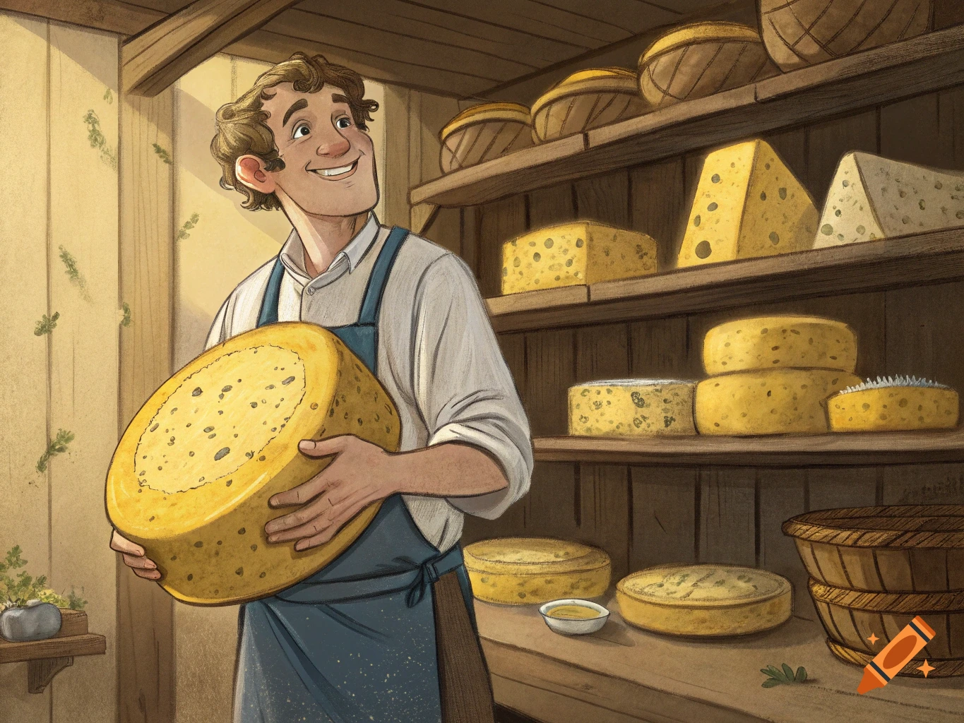 Illustration of a smiling man holding a large cheese wheel in a rustic cheese shop.