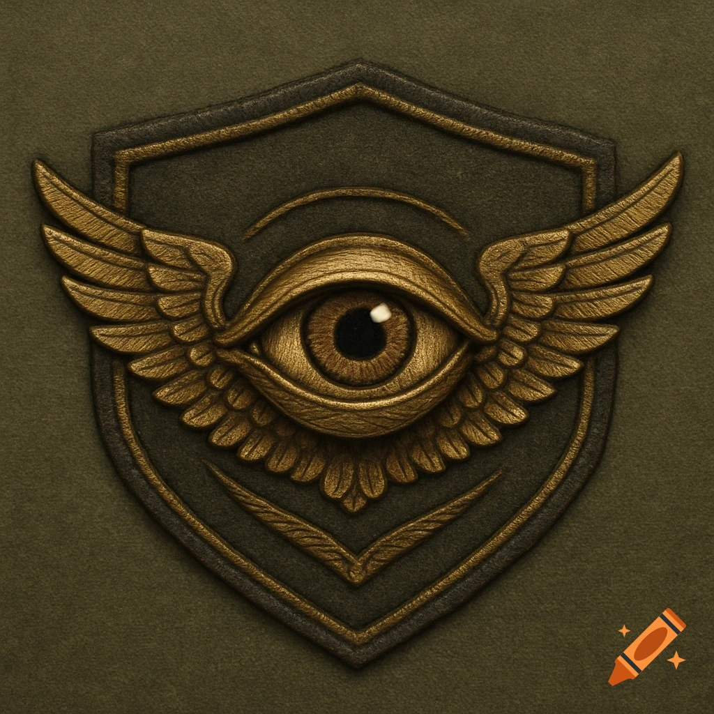 A detailed bronze emblem featuring a winged eye within a shield shape against a textured green background.
