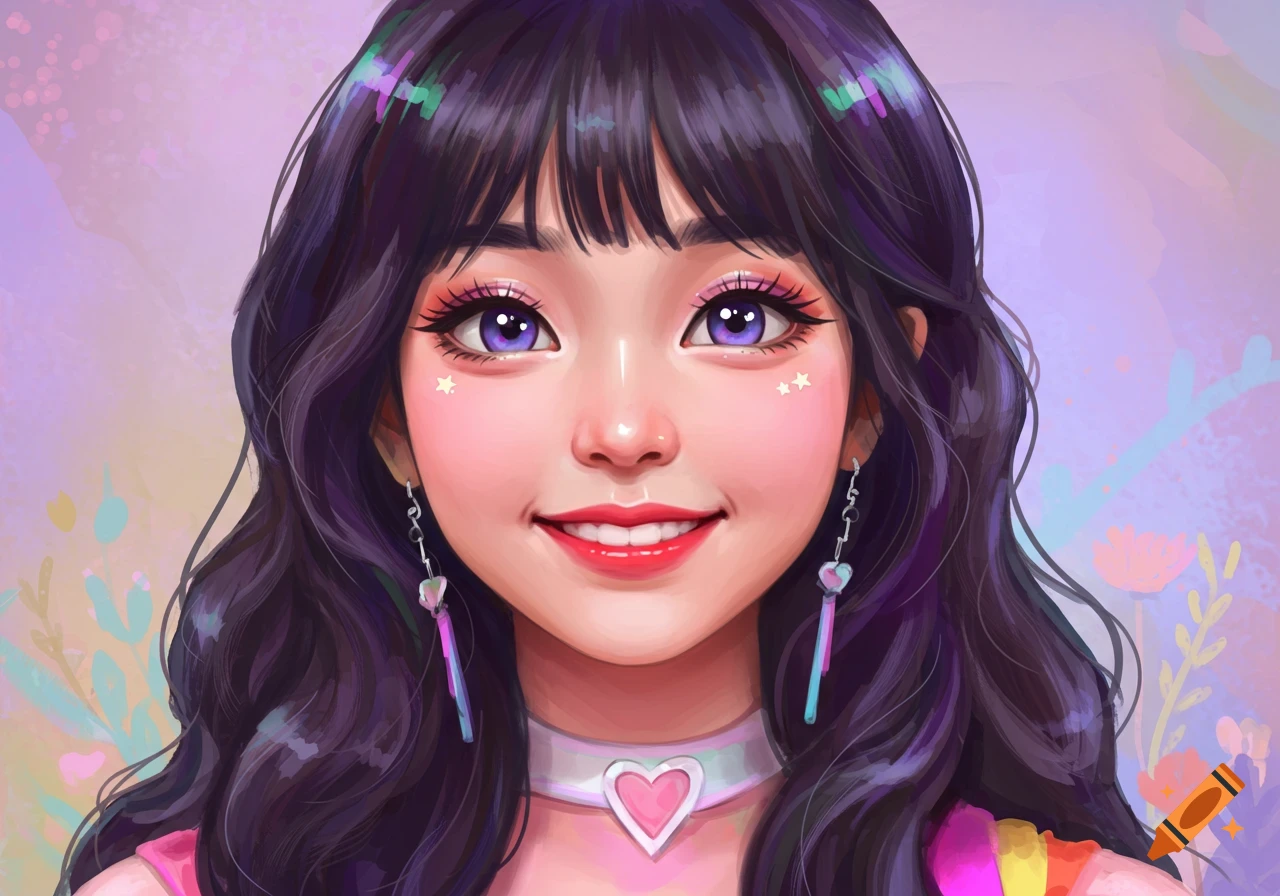 Close-up portrait of a girl with purple eyes, stars on cheeks, and ...