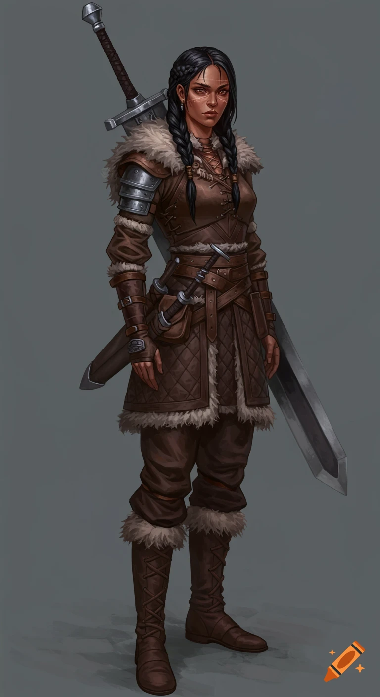 A female warrior in leather and fur armor with braids and a greatsword on her back.