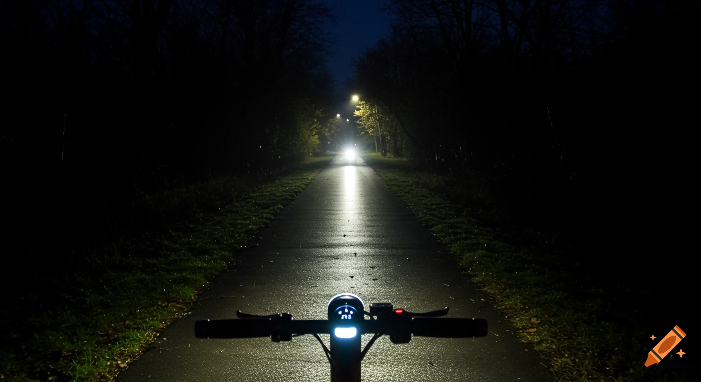 First-person view from an e-scooter on a wet path at night, lit by scooter headlight and distant streetlights.