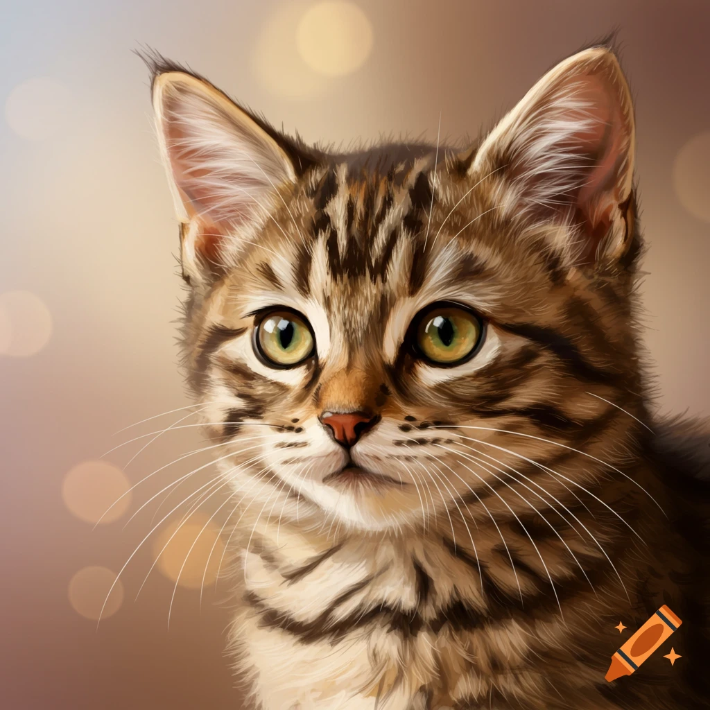A brown tabby kitten with green eyes.