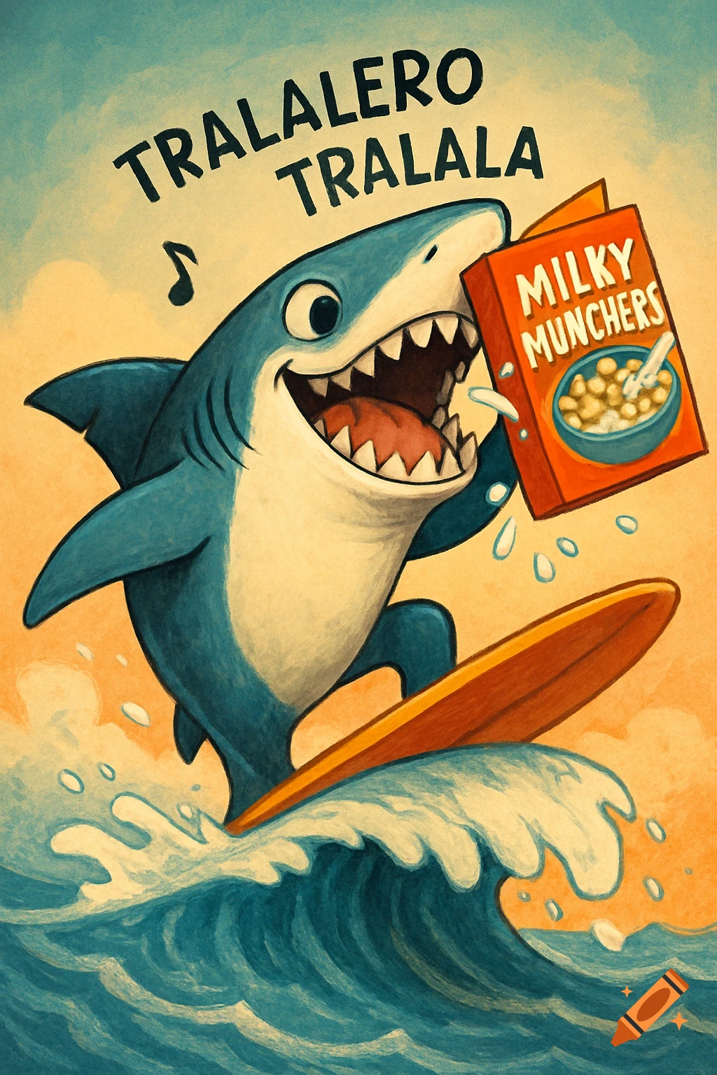 A cartoon shark surfs on a wave while eating a box of cereal.