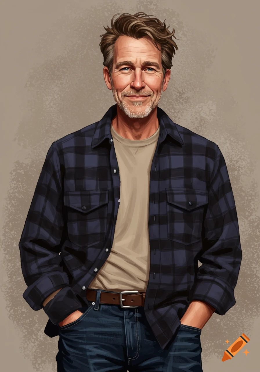 A man in a flannel shirt and jeans stands with his hands in his pockets.