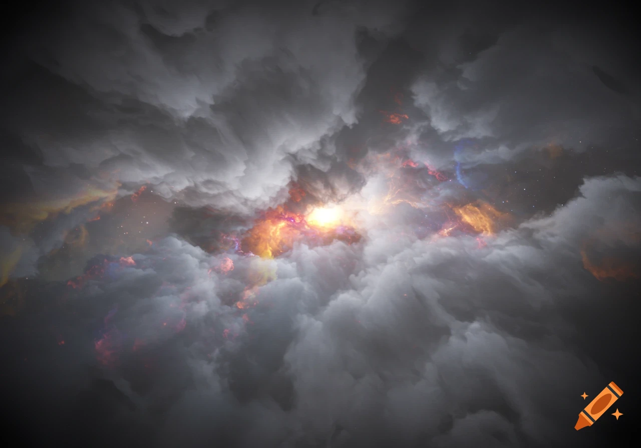 Image of a grey smoke galaxy with a bright core and colorful nebulae.