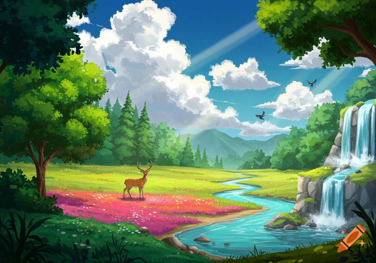 A deer in a colorful meadow by a river and waterfall.