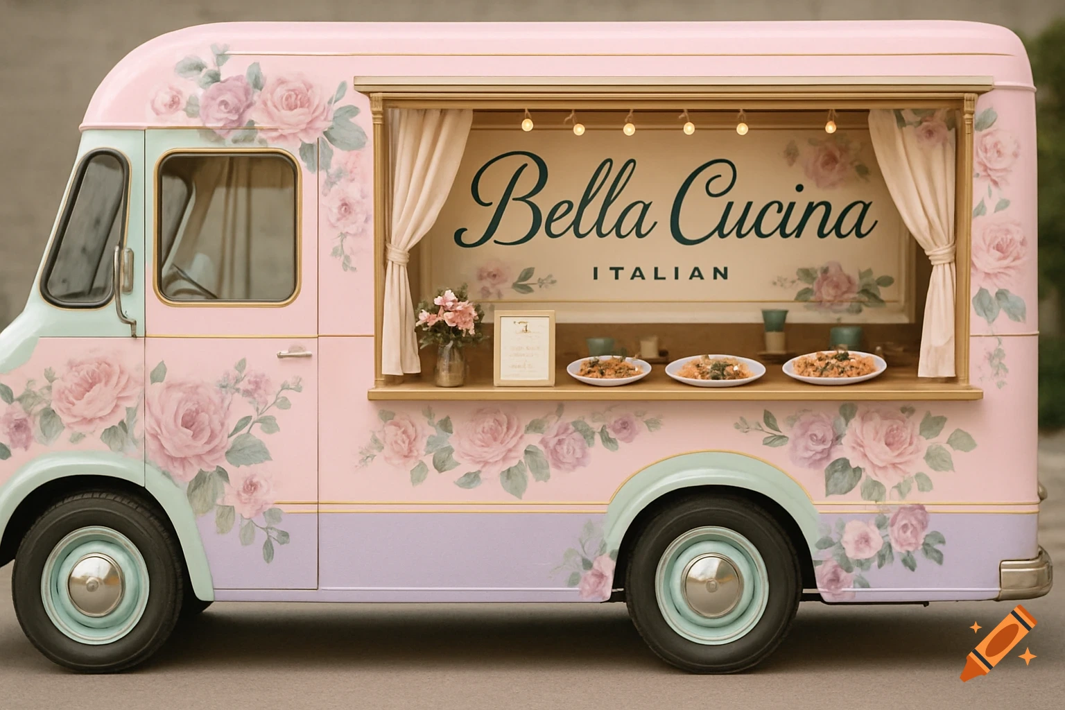 Pastel pink floral food truck named 'Bella Cucina Italian' serves plates of food.