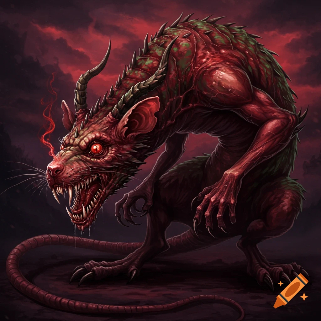 A scary red rat-like monster with spikes and claws under a dark red sky.